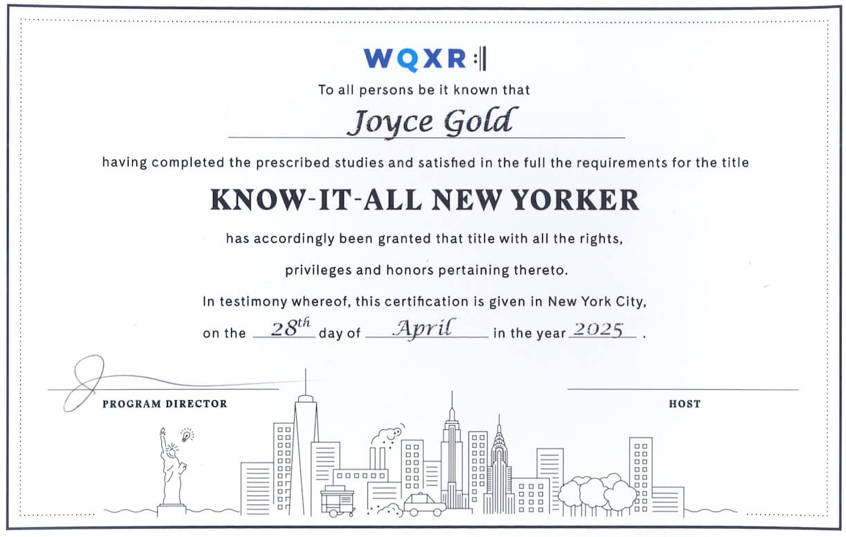 WQXR certificate Know it All awarded to Joyce Gold.
